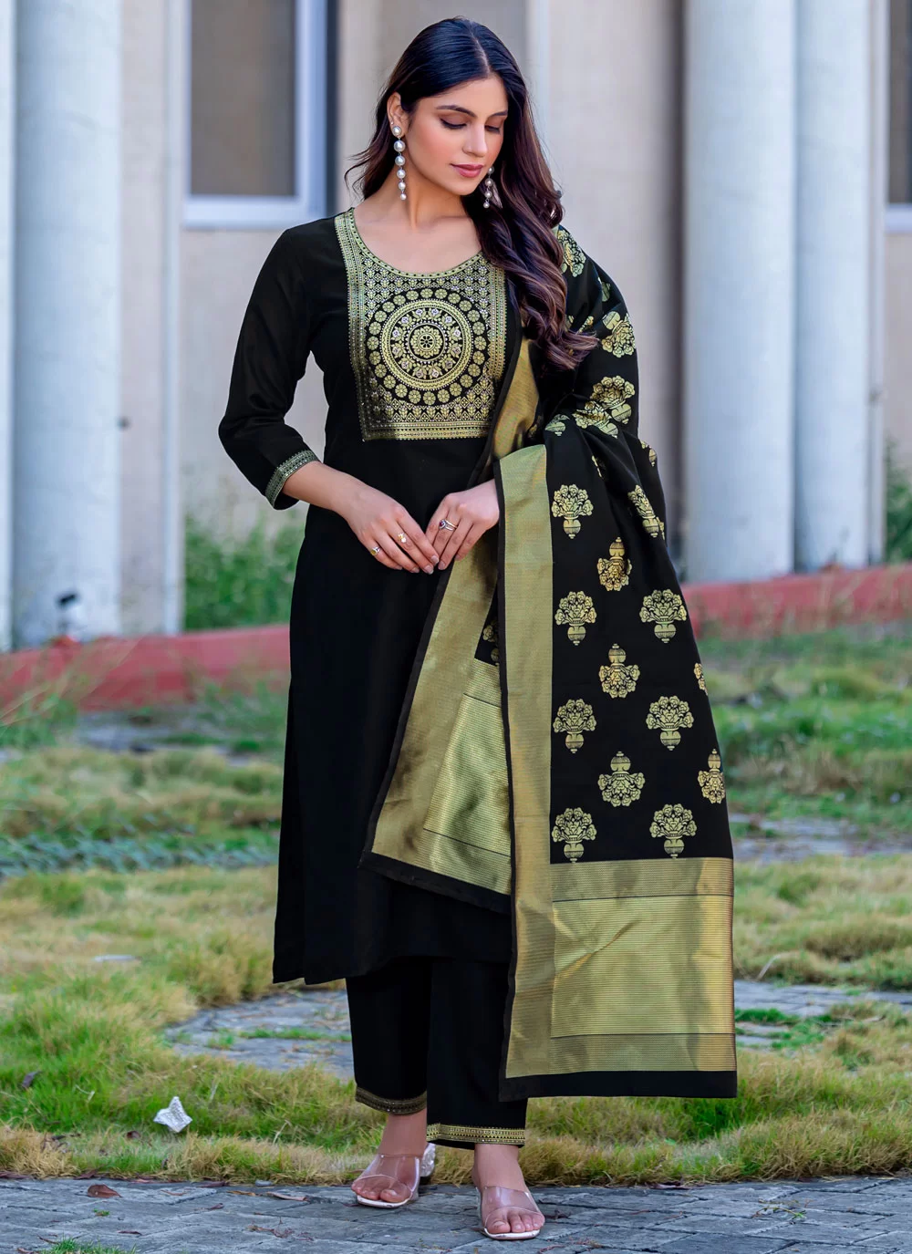 Black Cotton Jacquard Work Readymade Salwar Suit